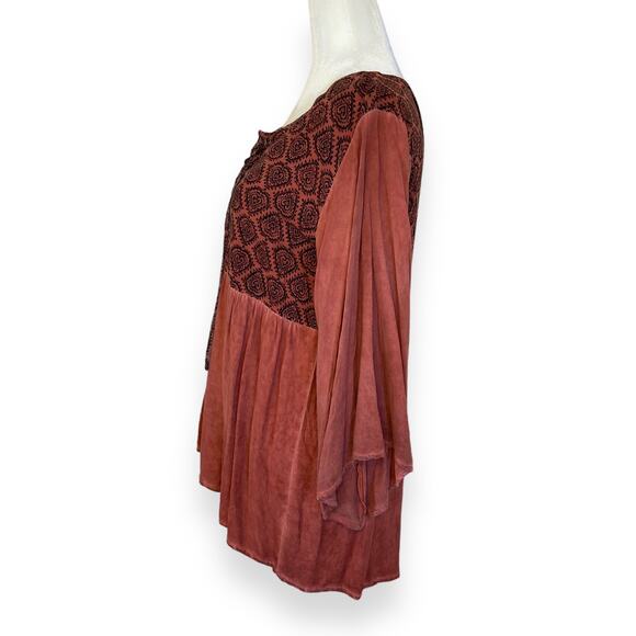 Umgee Orange Boho Printed Lace Up Neckline Blouse - Picture 3 of 6